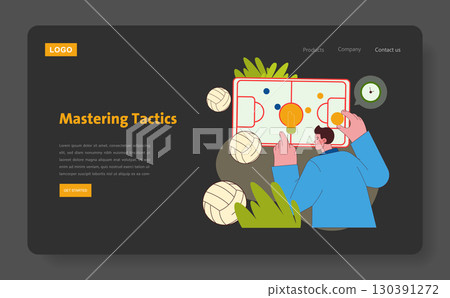 Vector illustration of a person analyzing soccer tactics on a board. The design emphasizes strategic planning in sports, featuring balls and a field layout on a computer interface. Vector illustration of a person analyzing soccer tactics on a board. The design emphasizes strategic planning in sports, featuring balls and a field layout on a computer interface. 130391272
