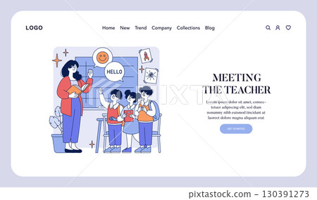 Teacher with a book greets attentive students in a classroom setting, engaging in an educational session. Students express enthusiasm and curiosity in this vector illustration. Teacher with a book greets attentive students in a classroom setting, engaging in an educational session. Students express enthusiasm and curiosity in this vector illustration. 130391273