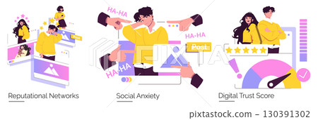 Vector illustration depicting social anxiety in online reputational networks. Features include a distressed individual surrounded by laughter and pointing fingers, symbolizing digital pressure and Vector illustration depicting social anxiety in online reputational networks. Features include a distressed individual surrounded by laughter and pointing fingers, symbolizing digital pressure and 130391302