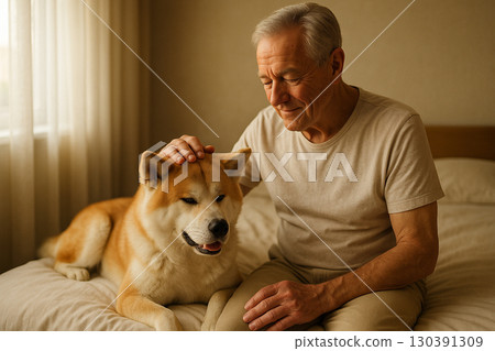 AI generated warm lifestyle photo of senior man gently petting Akita dog on cream bed in cozy bedroom with natural light and peaceful atmosphere intimate emotional moment 130391309