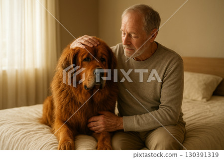 AI generated heartwarming lifestyle moment of senior man gently petting Tibetan Mastiff in cozy bedroom with warm natural light and peaceful atmosphere AI generated heartwarming lifestyle moment of senior man gently petting Tibetan Mastiff in cozy bedroom with warm natural light and peaceful atmosphere 130391319