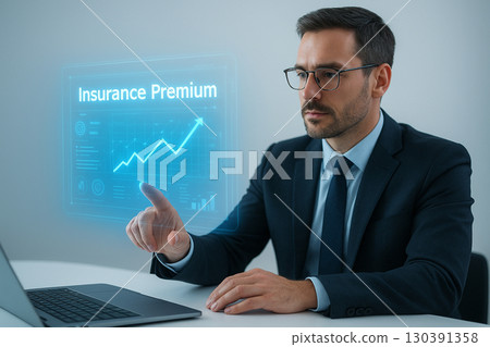 AI generated futuristic finance visualization with businessman interacting holographic insurance premium analytics in bright blue tones symbolizing trust precision and innovation 130391358