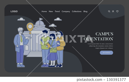 Vector illustration of campus orientation featuring a guide showing a group of students around. The setting includes a university building, indicating a welcoming educational environment. 130391377