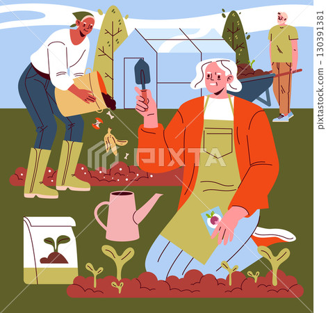 People engaging in community gardening, using tools and compost, surrounded by seedlings and a greenhouse. Vector illustration capturing teamwork and sustainability. 130391381