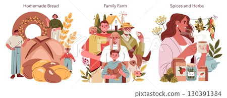 Vector illustration featuring scenes of homemade bread, a family on a farm, and a woman enjoying spices and herbs. People express happiness and warmth while engaging in daily activities. 130391384