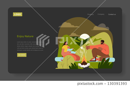 Vector illustration of a family enjoying campfire time in nature. A person toasts marshmallows while another sits with a child in a relaxed setting, emphasizing togetherness and outdoor leisure. Vector illustration of a family enjoying campfire time in nature. A person toasts marshmallows while another sits with a child in a relaxed setting, emphasizing togetherness and outdoor leisure. 130391393
