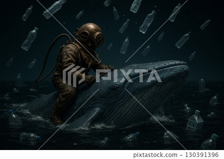 AI generated surreal scene of vintage diver on blue whale rising from dark sea filled with plastic waste under starry night sky evoking emotion and environmental awareness AI generated surreal scene of vintage diver on blue whale rising from dark sea filled with plastic waste under starry night sky evoking emotion and environmental awareness 130391396