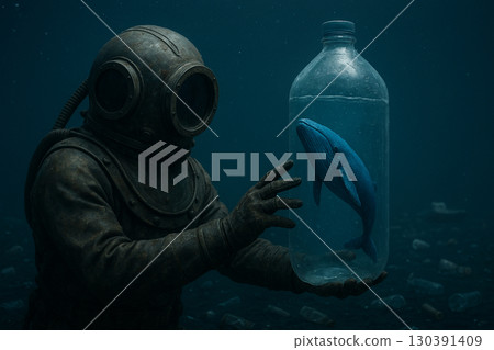 AI generated surreal underwater scene of a deep sea diver reaching for a giant plastic bottle with a blue whale trapped inside symbolizing ocean pollution and human impact 130391409