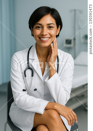 AI generated portrait of a young Latin American female doctor smiling warmly in a clean hospital room symbolizing professionalism care and trust 130391473