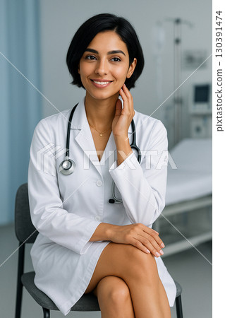 AI generated ultra realistic portrait of a young Middle Eastern female doctor in a clean hospital room with warm smile elegance and professionalism in a bright medical setting 130391474
