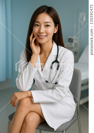 AI generated portrait of a young Asian female doctor with warm smile in hospital setting showcasing professionalism elegance and gentle confidence in a clean bright environment AI generated portrait of a young Asian female doctor with warm smile in hospital setting showcasing professionalism elegance and gentle confidence in a clean bright environment 130391475