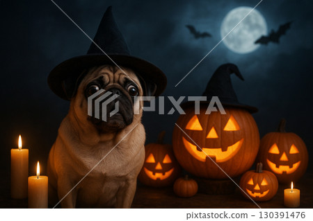 AI generated spooky Halloween scene with pug in witch hat glowing jack o lanterns candles full moon bats mysterious atmosphere blending fear with playfulness 130391476