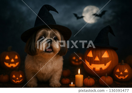 AI generated ultra realistic Halloween scene with Shih Tzu dog in witch hat surrounded by glowing jack o lanterns candles and full moon atmosphere spooky and playful mood 130391477