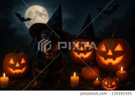 AI generated ultra realistic Halloween scene featuring a scared dachshund in witch hat with glowing jack o lanterns full moon bats and spooky mysterious fantasy atmosphere 130391485