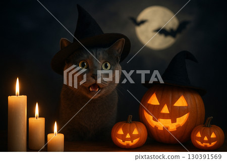 AI generated Russian Blue cat wearing witch hat with glowing jack o lanterns candles and full moon spooky yet playful Halloween fantasy scene AI generated Russian Blue cat wearing witch hat with glowing jack o lanterns candles and full moon spooky yet playful Halloween fantasy scene 130391569