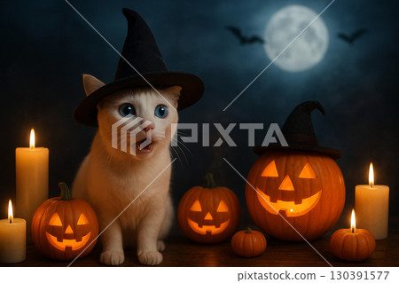 AI generated ultra realistic Halloween scene with Khao Manee cat in witch hat glowing jack o lanterns candles full moon bats and spooky fantasy atmosphere AI generated ultra realistic Halloween scene with Khao Manee cat in witch hat glowing jack o lanterns candles full moon bats and spooky fantasy atmosphere 130391577
