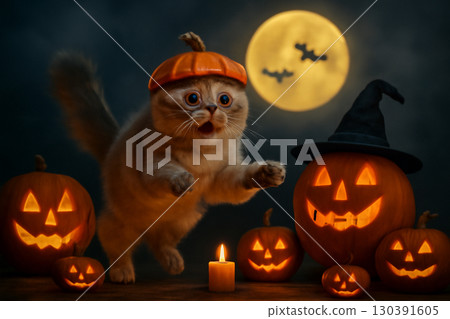 AI generated Halloween scene with a Kinkalow cat wearing a pumpkin hat. Surrounded by glowing jack-o'-lanterns, full moon, and spooky bats. A playful yet eerie Halloween atmosphere. 130391605