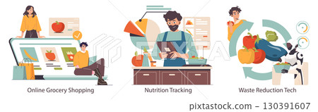 Vector illustration showcasing online grocery shopping, nutrition tracking, and waste reduction technology. Depicts people using devices for food-related tasks and a robot handling produce. Vector illustration showcasing online grocery shopping, nutrition tracking, and waste reduction technology. Depicts people using devices for food-related tasks and a robot handling produce. 130391607