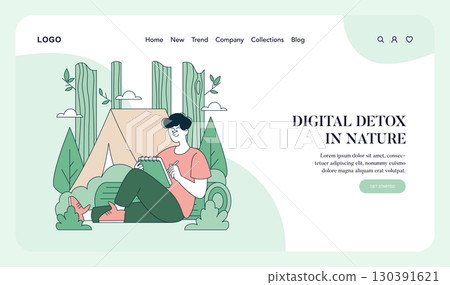 Vector illustration of a person engaged in sketching outdoors, promoting a digital detox in a natural setting. The design includes greenery and a tent, symbolizing relaxation and creativity in nature. Vector illustration of a person engaged in sketching outdoors, promoting a digital detox in a natural setting. The design includes greenery and a tent, symbolizing relaxation and creativity in nature. 130391621