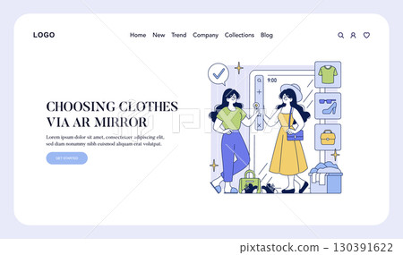 Interactive vector illustration of two women engaged in choosing clothes using an augmented reality mirror. The scene depicts advanced technology enhancing retail experiences. 130391622