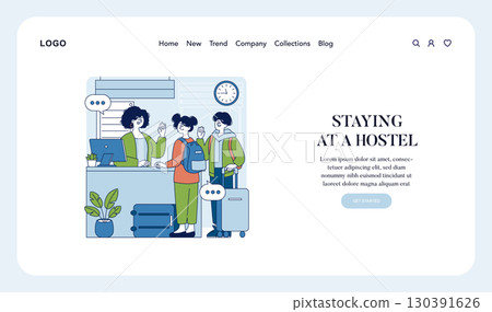 Vector illustration depicting a lively exchange at a hostel reception. Guests with luggage engage happily with a friendly receptionist during check-in, conveying a welcoming atmosphere. 130391626