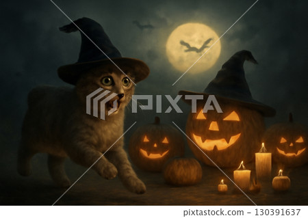 AI generated Halloween scene featuring a scared Manx cat with a witch hat running past glowing jack-o'-lanterns under a full moon, creating a mysterious magical atmosphere perfect for spooky season. 130391637
