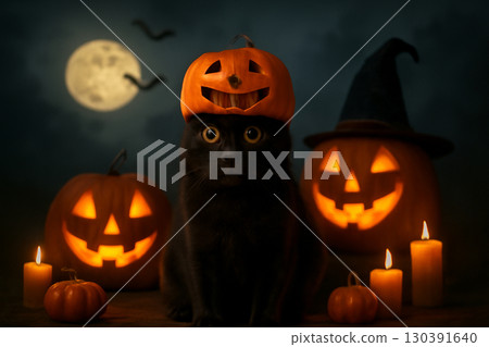 AI generated Halloween scene with a black cat wearing a pumpkin hat, surrounded by glowing jack-o'-lanterns and candles. A full moon and eerie atmosphere evoke mystery and spookiness. 130391640