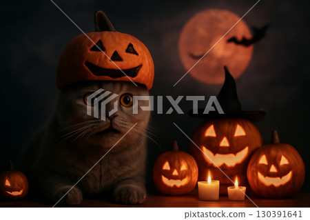 AI generated Halloween scene featuring a scared cat with a pumpkin hat glowing jack-o-lanterns, full moon, bats, and candles, creating an eerie yet playful atmosphere perfect for spooky season. AI generated Halloween scene featuring a scared cat with a pumpkin hat glowing jack-o-lanterns, full moon, bats, and candles, creating an eerie yet playful atmosphere perfect for spooky season. 130391641