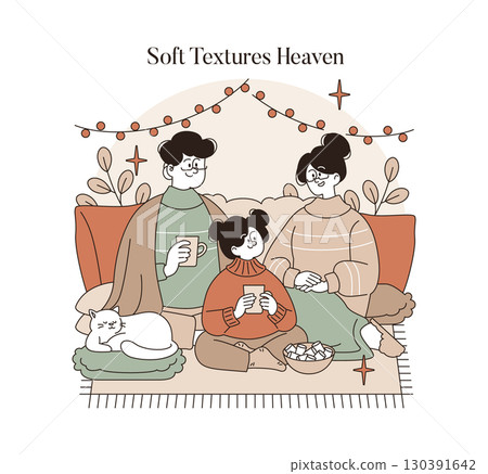 A cozy family gathered on a sofa, enjoying hot drinks together. A cat rests peacefully beside them. This vector illustration captures warmth, togetherness, and relaxation in a homely setting. 130391642