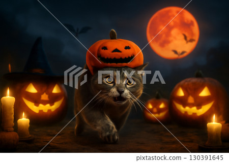 AI generated image of a scared gray tabby cat wearing a pumpkin hat running among glowing jack-o-lanterns under a full moon, surrounded by candles, bats, and a mysterious atmosphere. 130391645