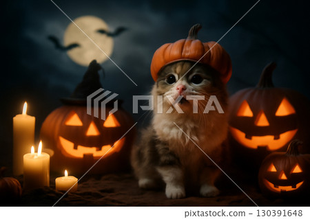 AI generated image of a Halloween scene with a cute Munchkin kitten in a pumpkin hat surrounded by glowing jack-o'-lanterns. A full moon and flying bats set a spooky atmosphere. AI generated image of a Halloween scene with a cute Munchkin kitten in a pumpkin hat surrounded by glowing jack-o'-lanterns. A full moon and flying bats set a spooky atmosphere. 130391648