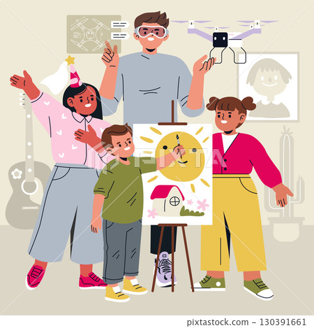 Vector illustration of a joyful group engaging in creative activities. Includes painting a sunny scene on canvas and showcasing a drone. Expressions convey happiness and excitement. Vector illustration of a joyful group engaging in creative activities. Includes painting a sunny scene on canvas and showcasing a drone. Expressions convey happiness and excitement. 130391661