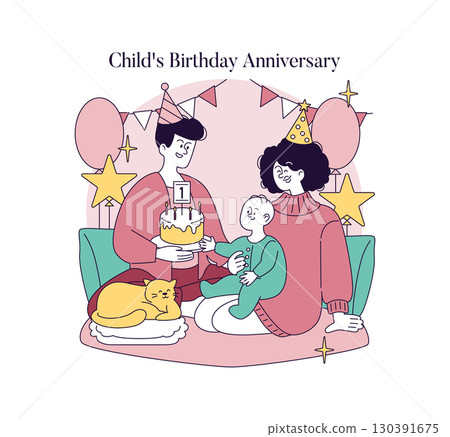 Vector illustration of a joyful family celebrating a child's first birthday. Parents with their child, wearing party hats, are sitting together with a cake and balloons in the background. 130391675