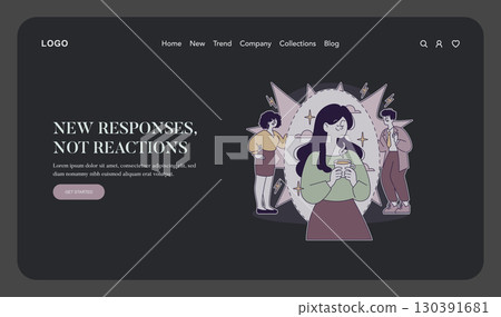 Vector illustration of three people interacting thoughtfully, emphasizing new responses over reactions. The design features a prominent text headline and a stylish website layout. Vector illustration of three people interacting thoughtfully, emphasizing new responses over reactions. The design features a prominent text headline and a stylish website layout. 130391681