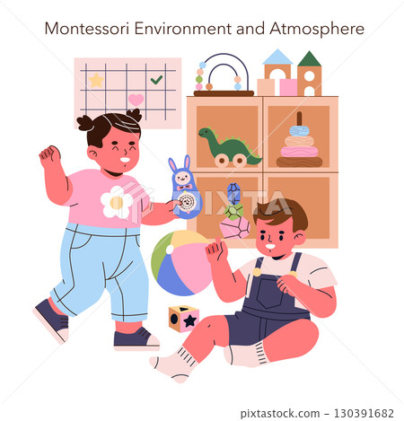 Vector illustration of children engaging with educational toys in a Montessori setting. One child is standing, smiling and holding a toy, while another is sitting joyfully with various toys around. Vector illustration of children engaging with educational toys in a Montessori setting. One child is standing, smiling and holding a toy, while another is sitting joyfully with various toys around. 130391682