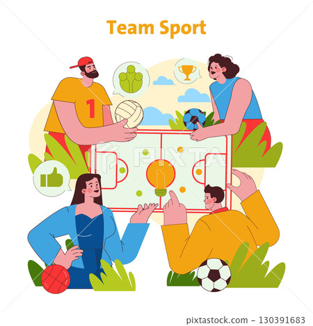 Vector illustration depicting a group of people engaging in a team sport strategy session. Individuals are gathered around a sports field diagram, discussing tactics and teamwork. 130391683