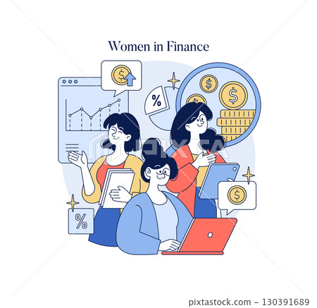 Vector illustration of women in finance engaging with data and technology. Features diverse women analyzing graphs and financial reports, symbolizing empowerment and collaboration in the finance 130391689