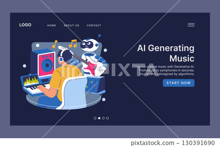 Vector illustration of a music producer working with a robot on a digital composition. The human uses a keyboard while the robot plays a guitar, representing AI music generation. 130391690