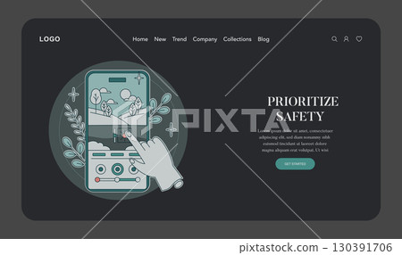 Vector illustration of a website header design featuring a mobile phone interface with a finger tapping, highlighting a focus on prioritizing safety in digital experiences. Vector illustration of a website header design featuring a mobile phone interface with a finger tapping, highlighting a focus on prioritizing safety in digital experiences. 130391706
