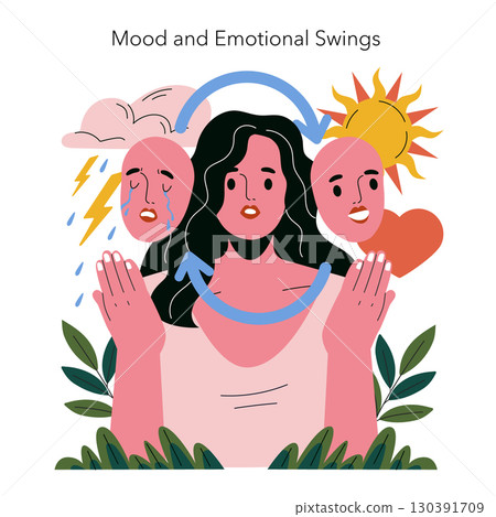 Vector illustration showing a person experiencing mood swings with contrasting facial expressions. The image features elements like sun and clouds symbolizing emotions and changes. 130391709