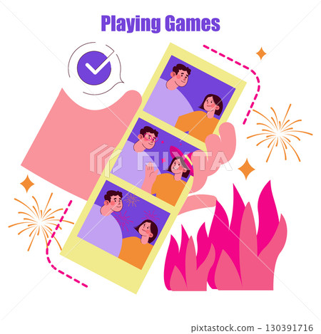 Vector illustration of a hand holding a photo strip featuring individuals engaging in playful interactions. Bright colors and dynamic elements evoke joy and celebration, perfect for playful themed 130391716