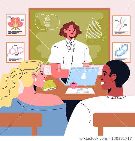 Teacher explaining concepts at a desk with laptop during a classroom lecture. Two students engaged, smiling, and attentive. Educational posters and diagrams on walls. Vector illustration. 130391717