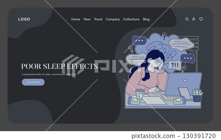 Vector illustration depicting a person appearing tired and overwhelmed at a desk, surrounded by thought bubbles, emphasizing the effects of poor sleep on focus and productivity. 130391720