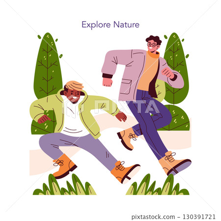 Vector illustration of two people jumping outdoors, surrounded by nature and greenery. They seem joyful and energetic, capturing the essence of adventure and freedom in the great outdoors. 130391721