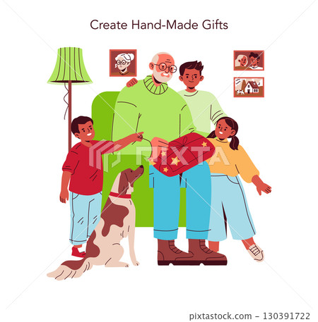Vector illustration of a joyful family presenting a hand-made gift to an elderly man. Children and a dog gather around, showcasing warmth and togetherness in a cozy home setting. 130391722