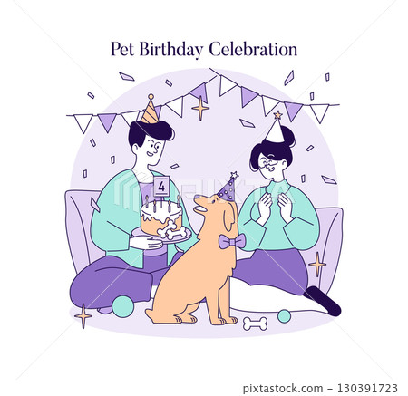 Vector illustration of a pet's birthday celebration. Two joyful people and a happy dog wearing party hats. Cake, balloons, and decorations create a festive atmosphere. 130391723
