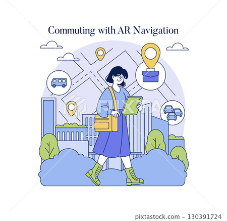 Vector illustration of a woman using an augmented reality map for navigation in an urban environment. She appears engaged and happy, holding a device and walking confidently. 130391724