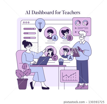 AI dashboard vector illustration showing teachers using digital tools to monitor student progress. Features analysis charts and interaction with technology for educational insights. 130391725