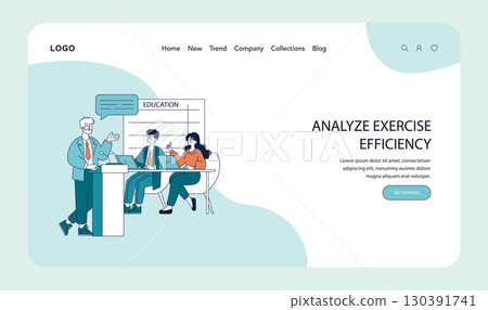 Educational vector illustration featuring a business meeting with three professionals discussing exercise efficiency. The scene includes laptops and a speaker addressing the group. 130391741