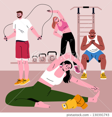 Diverse group of people in a gym setting performing various exercises with equipment. Includes activities like stretching, jumping rope, and bodyweight exercises in a vector illustration. 130391743